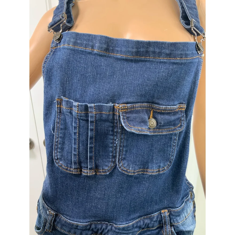Machine Dark Wash Denim Overalls Shorts Blue Distressed Lg‎ Cabincore Fisherman